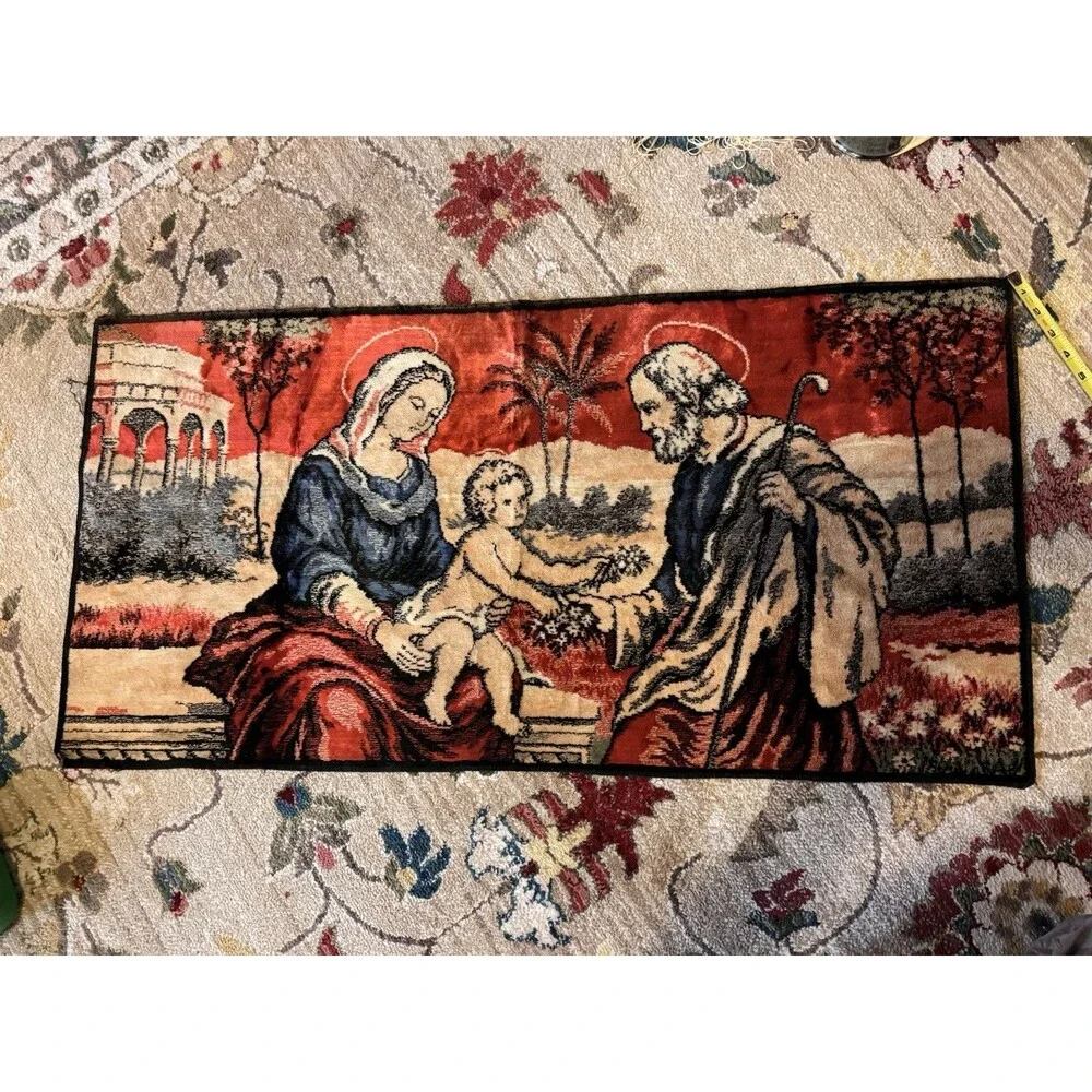 VTG VELVET TAPESTRY HOLY FAMILY WALL HANGING - MARY, JOSEPH, & BABY JESUS ITALY